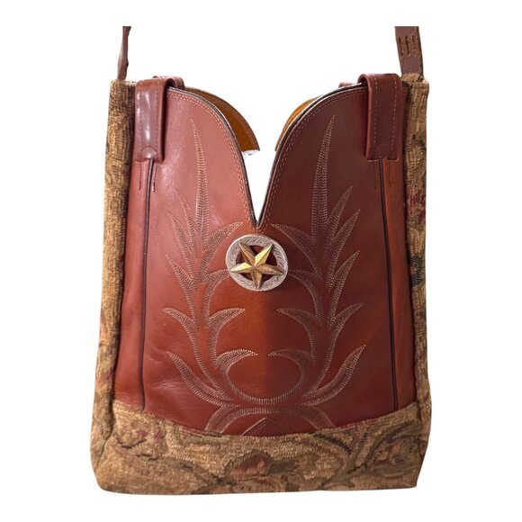 Upcycled Cowboy Booys Western Tapestry & Leather Shoulder Bag Purse Star Concho - Picture 1 of 14
